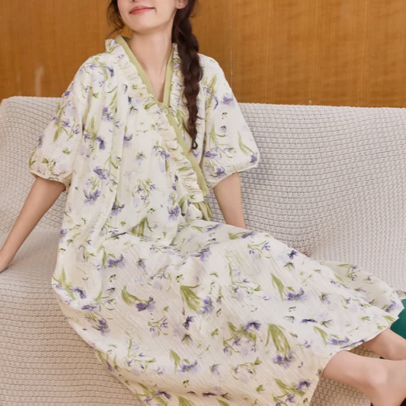 Purple Floral Ruffled Side-tie Nightgown - image 5