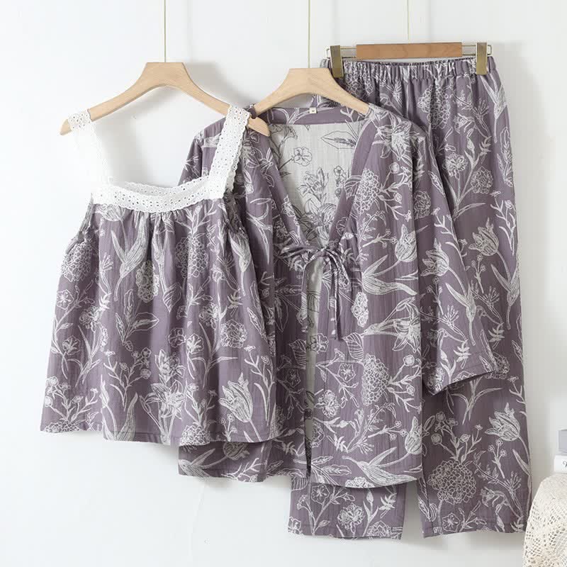 Floral Pure Cotton 3-Piece Pajama Set - Purple - L - image 13