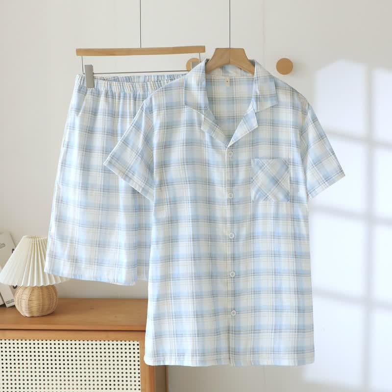 Short-Sleeve Cotton Plaid Sleepwear Set - Blue & Gray - XXL - image 15