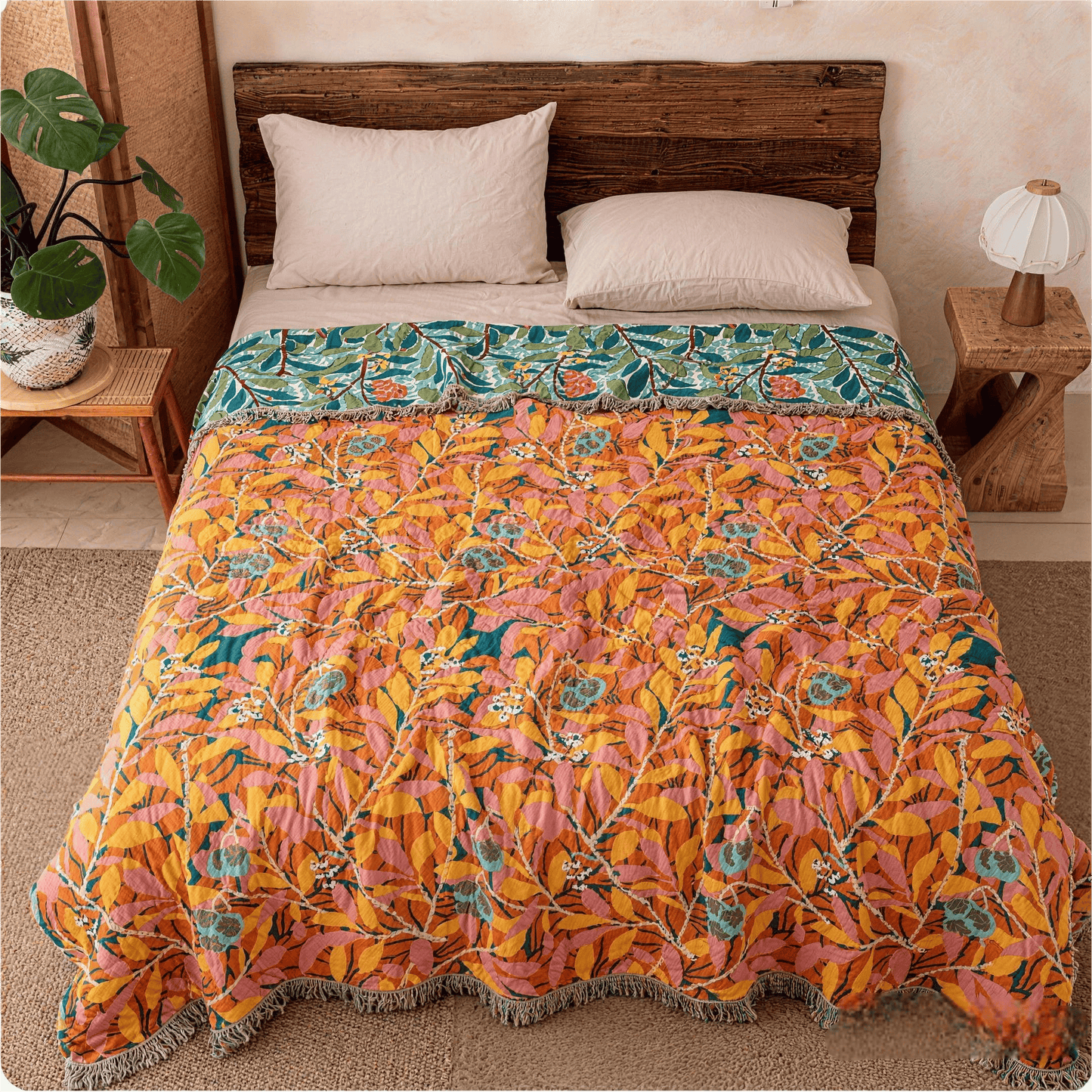 Vintage Botanical Fringed Reversible Gauze Quilt - image 3