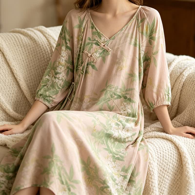 Oriental Floral Leaf Cotton Loungewear Dress - image 3
