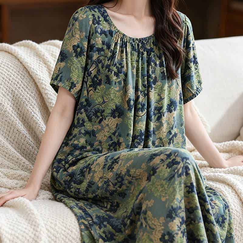 Green Floral Gathered Neck Lounge Dress - image 3