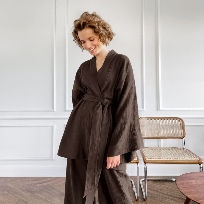 Solid Color Cotton Gauze Kimono Pajamas - image 18