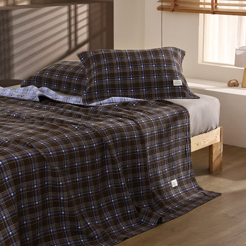 Vintage Plaid Cotton Gauze Bedding Set - Purple-Brown - 20"×31" (Pillowcase) - 1 Pillowcase - image 5