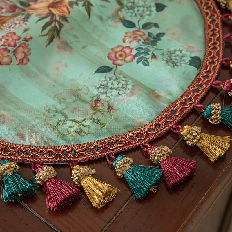 Vintage Green Floral Tassel Table Runner - image 3