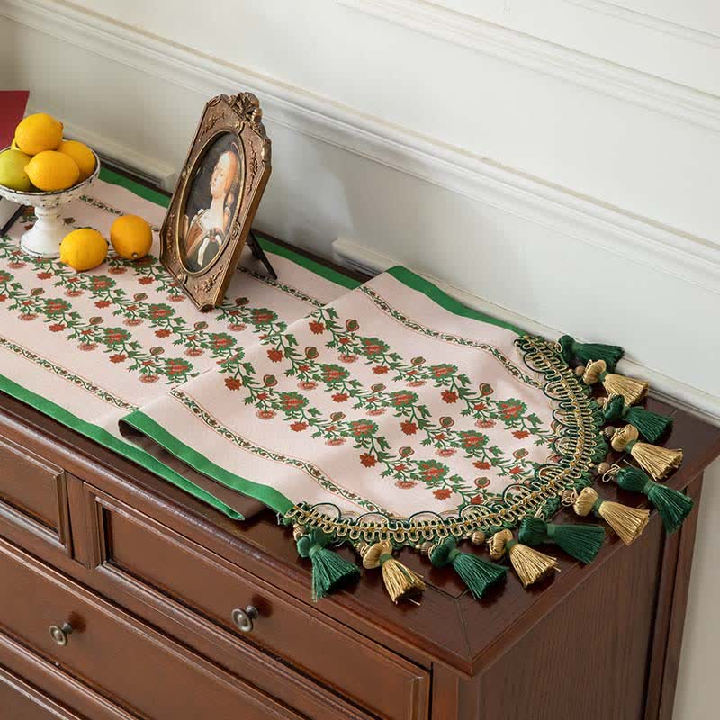 Elegant Floral Table Runner with Tassel Trim - image 3