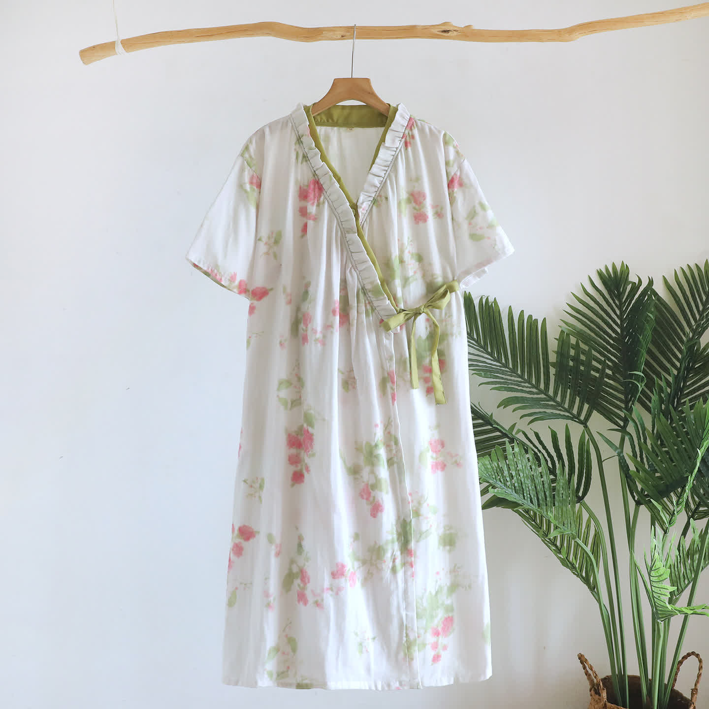 Botanical Garden Cotton Gauze Kimono Nightdress - Beige - L - image 0