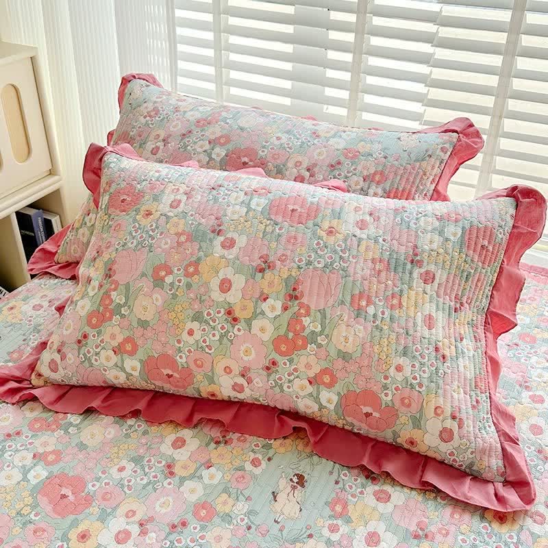 Ruffled Pink Floral Twill Cotton Coverlet - 2PCS Pillowcases - 19" x 29" - image 5