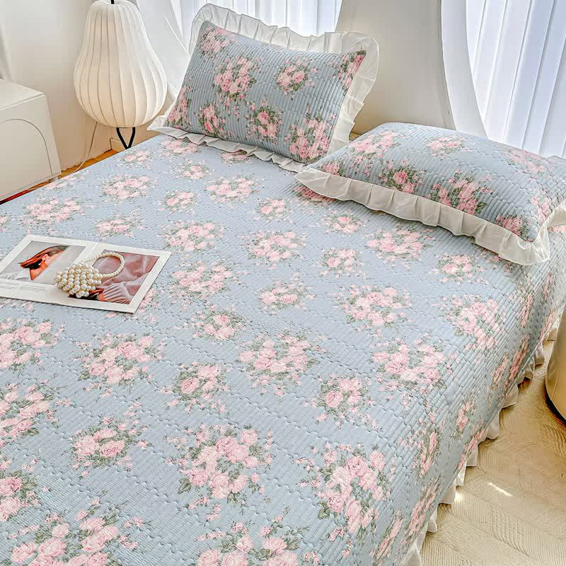 Ruffled Pink Rose Twill Cotton Coverlet - image 5