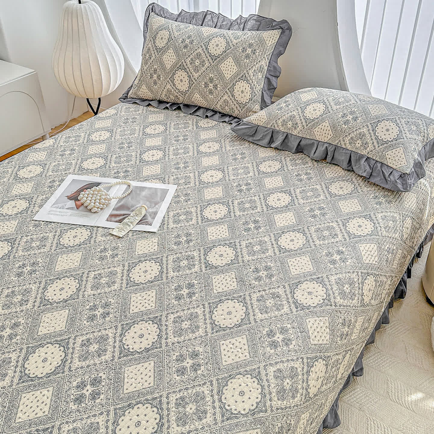 Ruffled Vintage Geometric Twill Cotton Coverlet - image 6