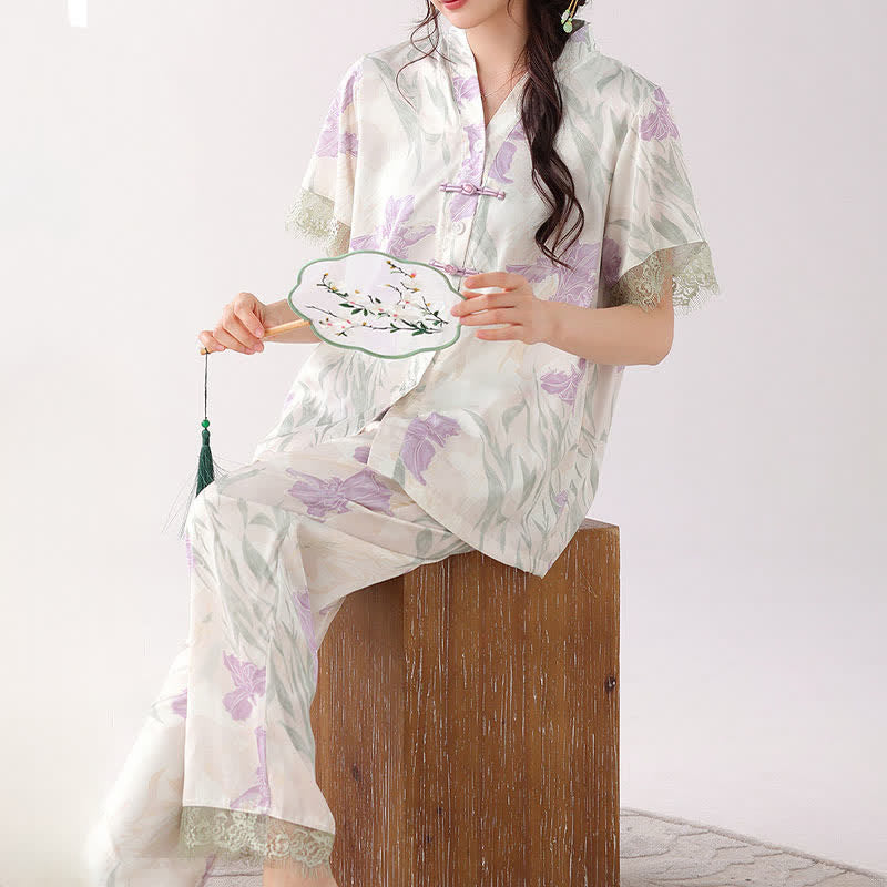 Floral Mandarin Collar Women's Loungewear Set - image 4