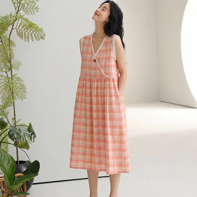 Rainbow Plaid Double Gauze Lace Trim NightDress - image 5