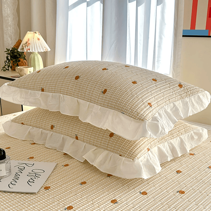 Ruffled Edge Orange Print Cotton Coverlet - image 7