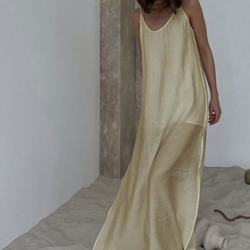 Solid Color Side Slit Lounge Dress - Khaki - L - image 10