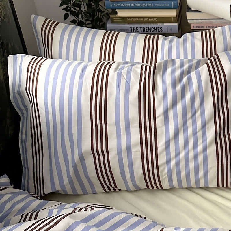Retro Blue Brown Striped Cotton Bedding Set - image 4