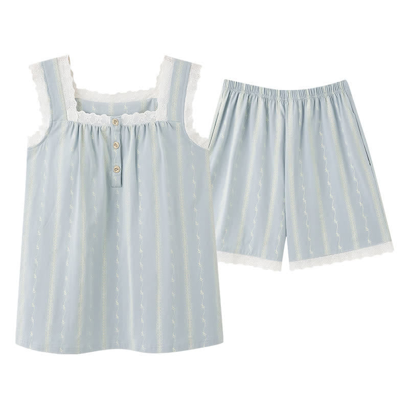 Light Blue Cotton Lace Sleeveless Sleep Dress - image 5