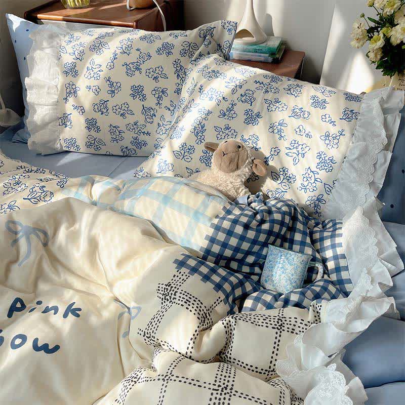 Mist Blue Floral Patchwork Cotton Gauze Ruffle Bedding Set - image 3