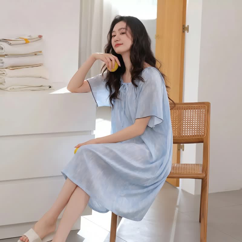 Ownkoti Airy Blue Lyocell Tie Neck Lounge Dress - image 3