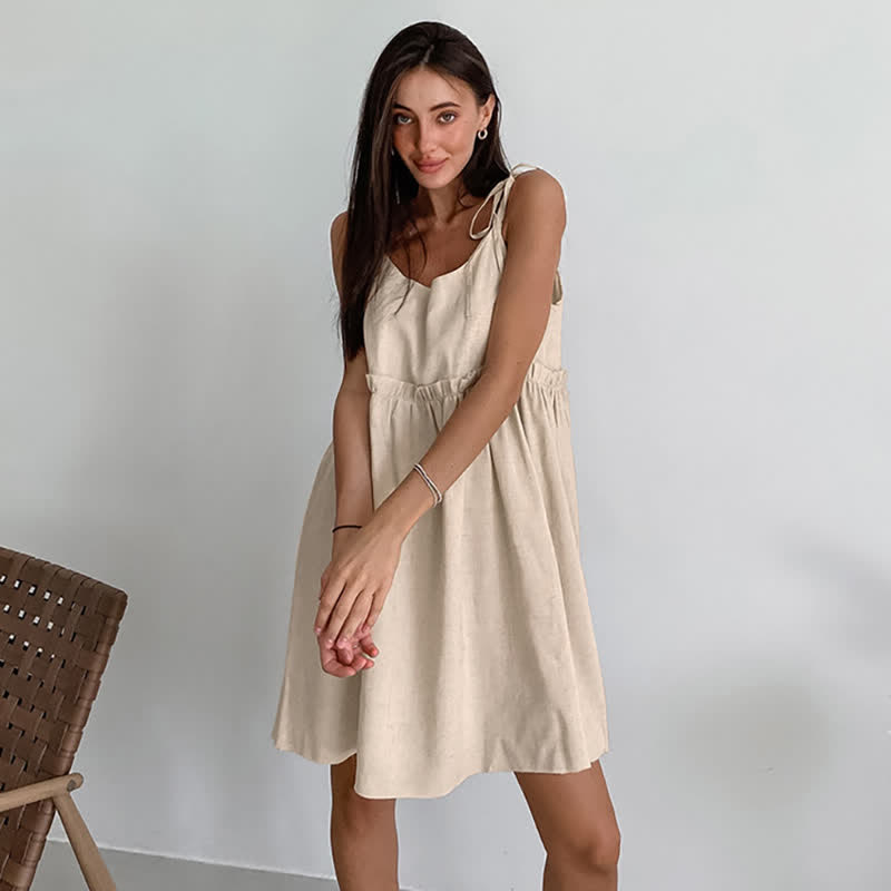 Casual Cotton Linen Tie Strap Nightdress - Khaki - XL - image 3