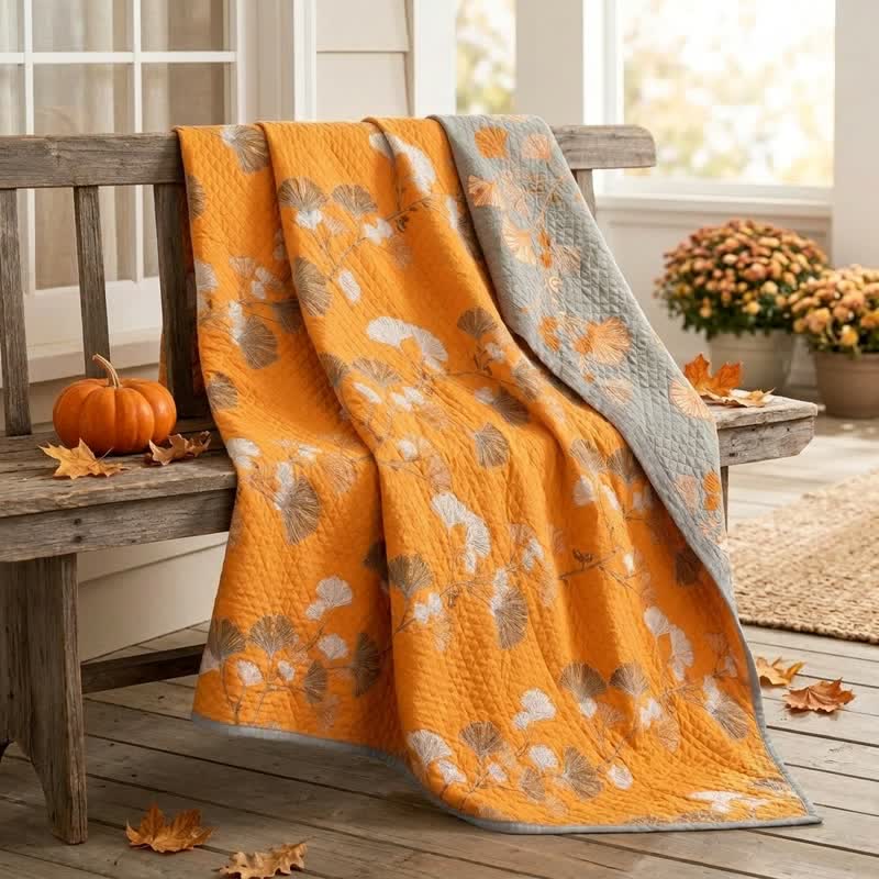 Reversible Ginkgo Botanical Quilted Blanket - image 9