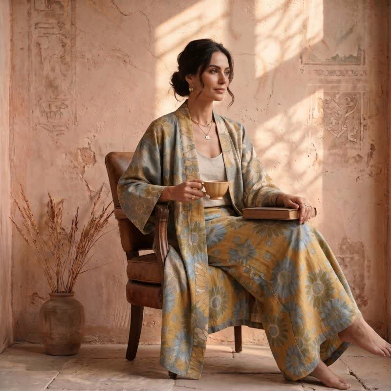 Vintage Sunflower Cotton Kimono Bathrobe - image 9