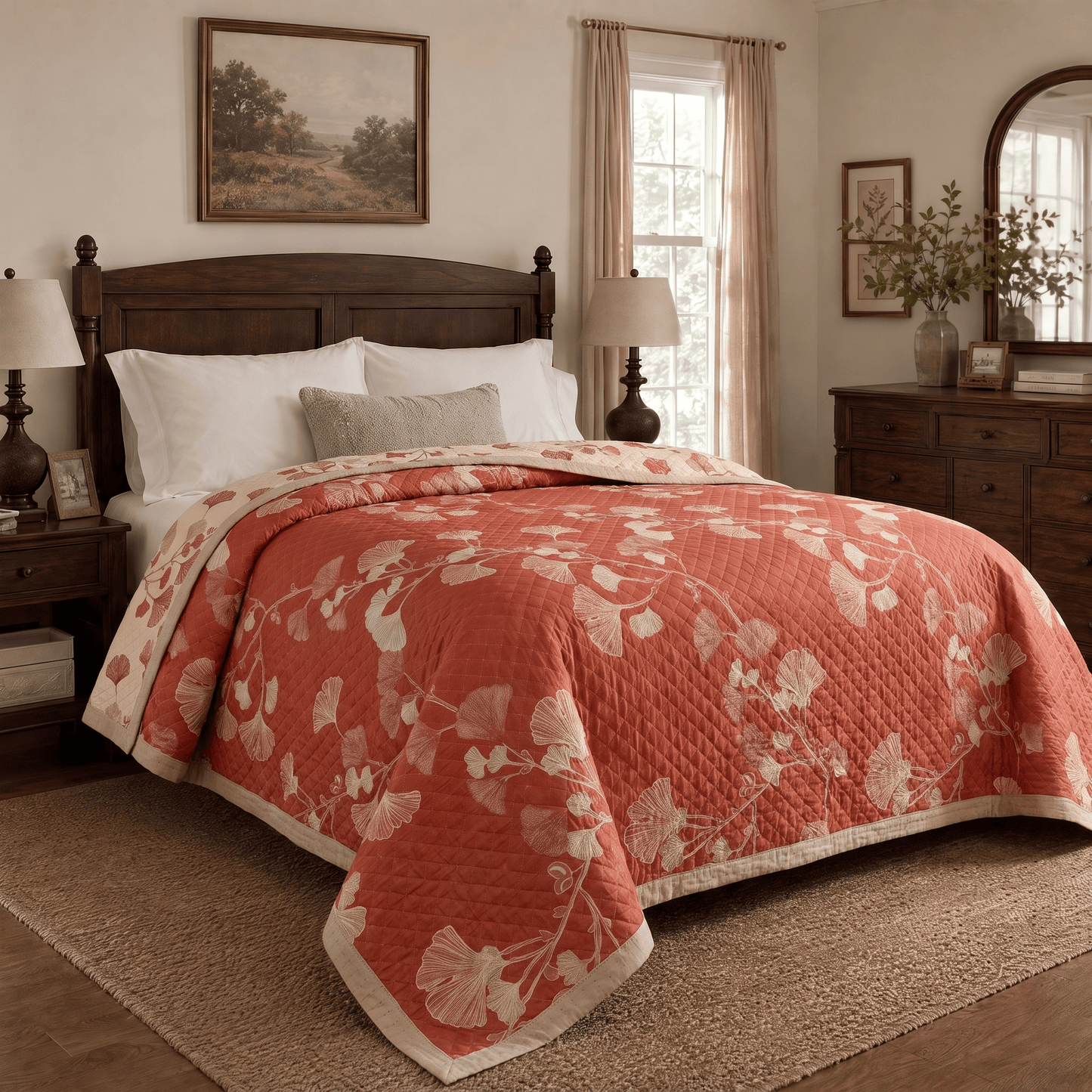 Red Ginkgo Leaf Pattern Cotton Blanket - image 8