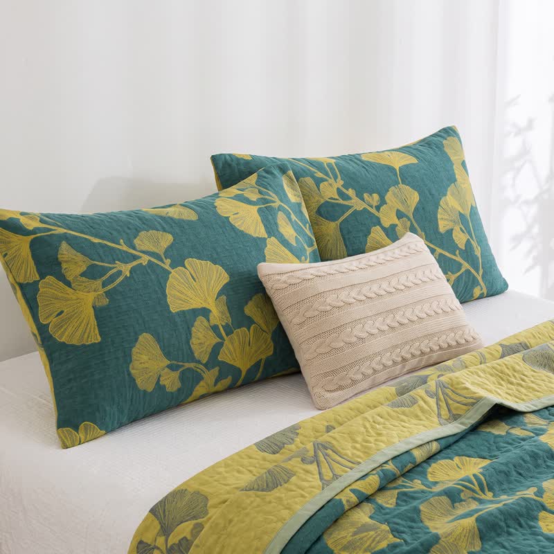 Nordic Ginkgo Leaf Reversible Cotton Quilt - Green - 2PCS Pillowcases - 20" x 36" - image 5
