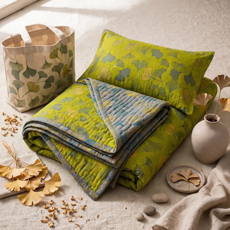 Vintage Green Ginkgo Leaf Cotton Bedspread Set - image 6