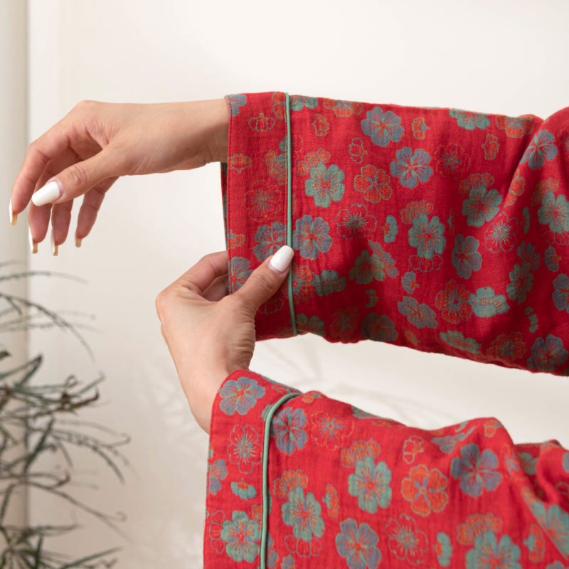 Plum Blossom Cotton Bathrobe With Tie - image 4