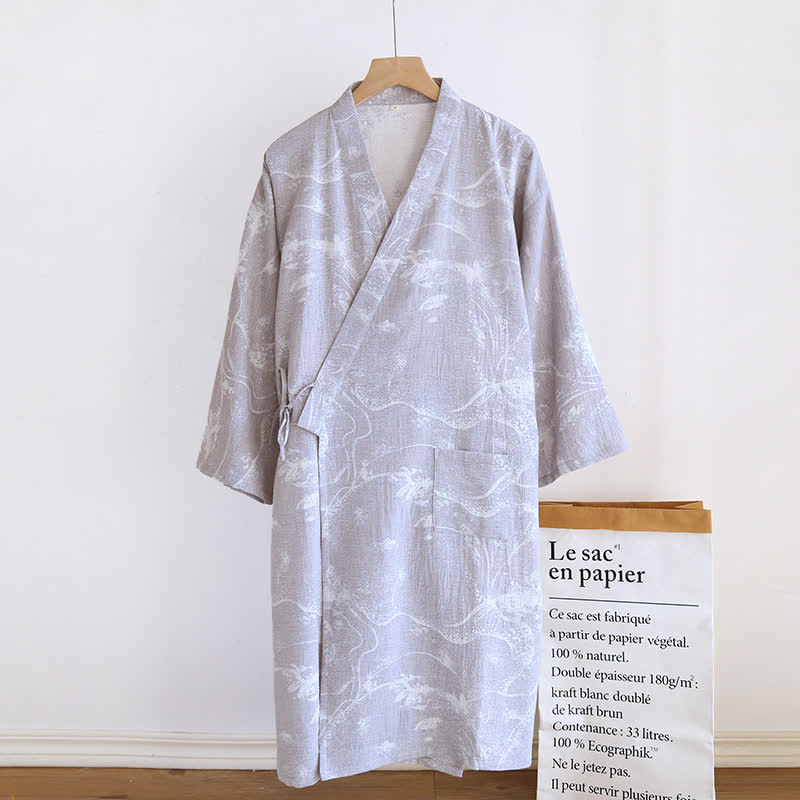 Jacquard Ink Painting Comfy Bathrobe Pajama - Light Gray - XL - image 7