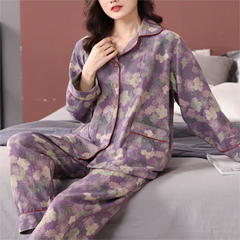 Jacquard Floral Button-down Cotton Pajama Set - Dark Purple - XL - image 0