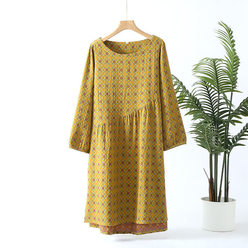 Floral Round Neck Soft Cotton Nightdress - Ginger Yellow - M - image 0
