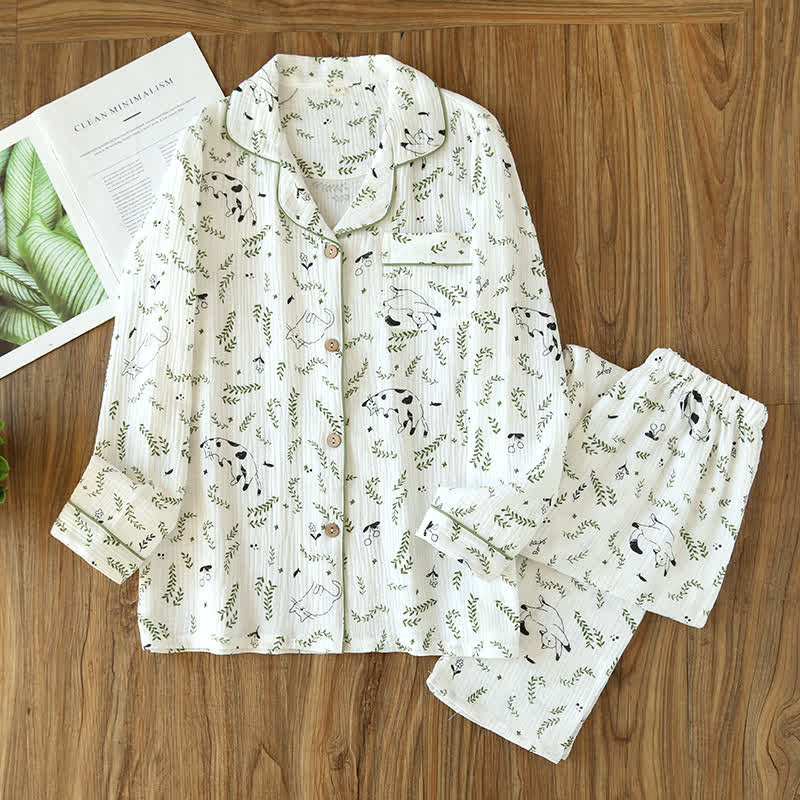 Cute Cat & Leaf Cotton Pajama Set - White & Green - XXL - image 0