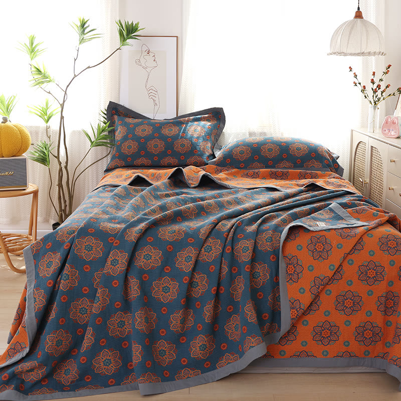 Flower Woven Cotton Gauze Reversible Quilt - 2PCS Pillowcases - Blue & Orange - 19" × 31" - image 1