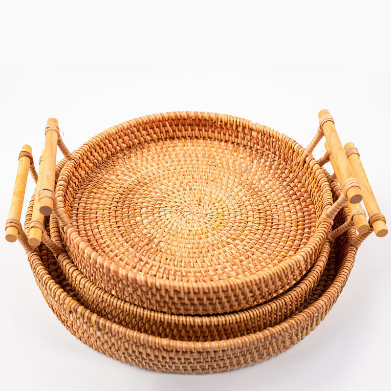 Ownkoti Hand Woven Rattan Round Tray With Handles - As Picture - S & M & L - image 12