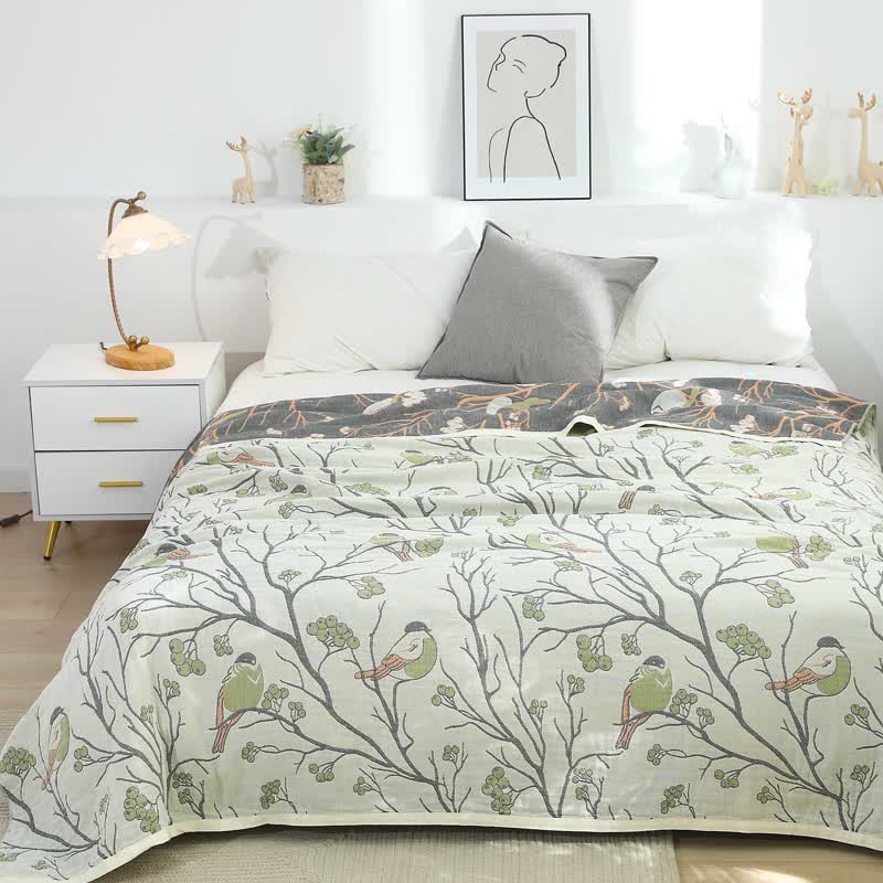 Hawthorn Tree Bird Cotton Reversible Quilt - Green - Queen - image 9