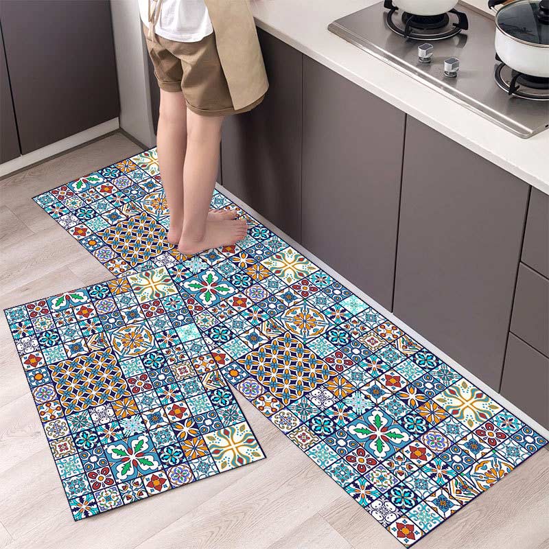 Blue Patchwork Kitchen Rugs Anti-Slip - As Picture - 15"×23" + 15"×47" - image 0