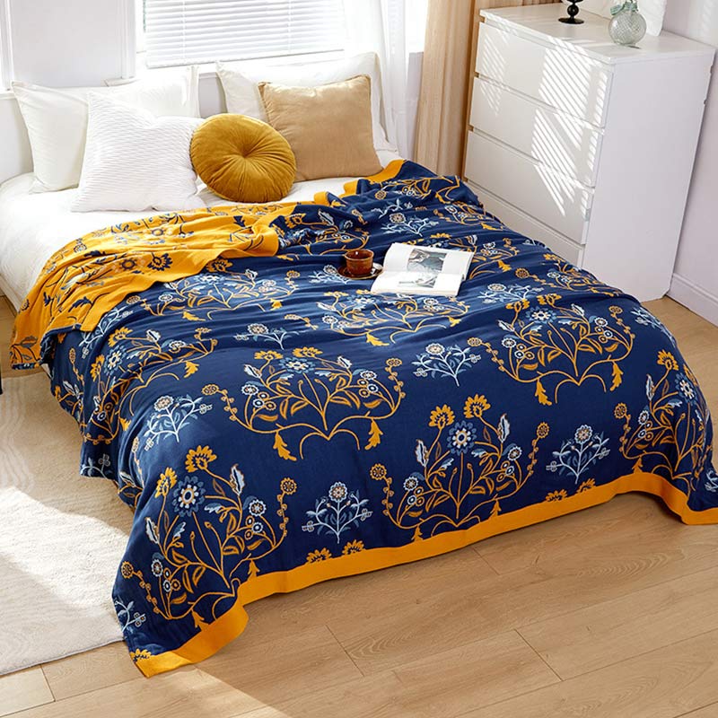 Dianthus Flower Cotton Gauze Reversible Quilt - Blue - Queen - image 0