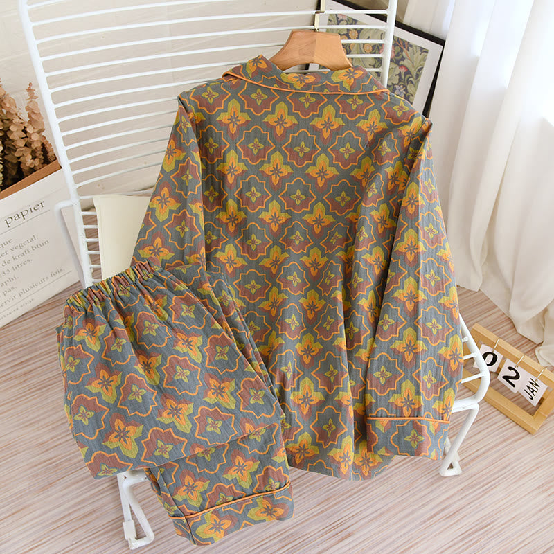Rhombus Flower Lapel Cotton Loungewear Set - image 1