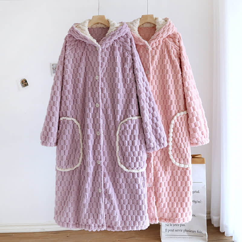 Solid Color Warm Flannel Hooded Bathrobe - image 1