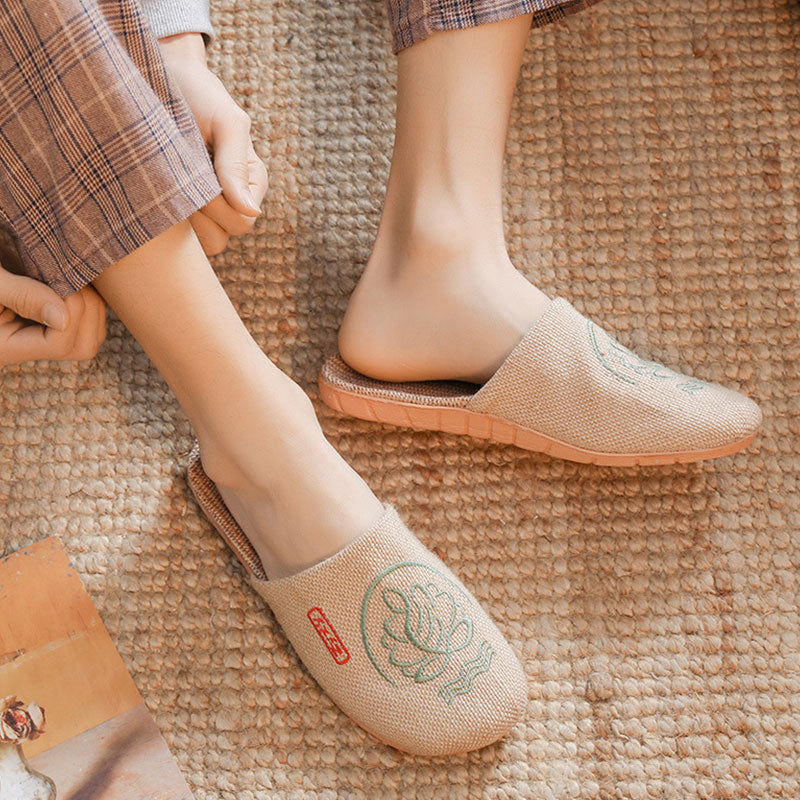 Retro Embroidered Lotus Flax Slippers - image 13
