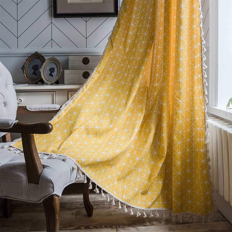 Ownkoti Yellow Plaid Translucent Curtains with Tassels - image 2