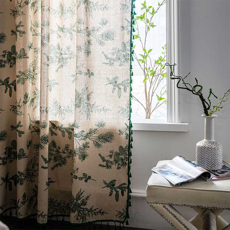 Green Pine Bird Pattern Tassel Curtain - image 4