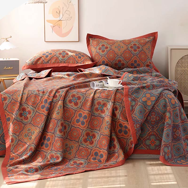 Petal Flower Pattern Cotton Reversible Quilt - Quilt with 2pcs Pillowcases - Orange - King - image 0