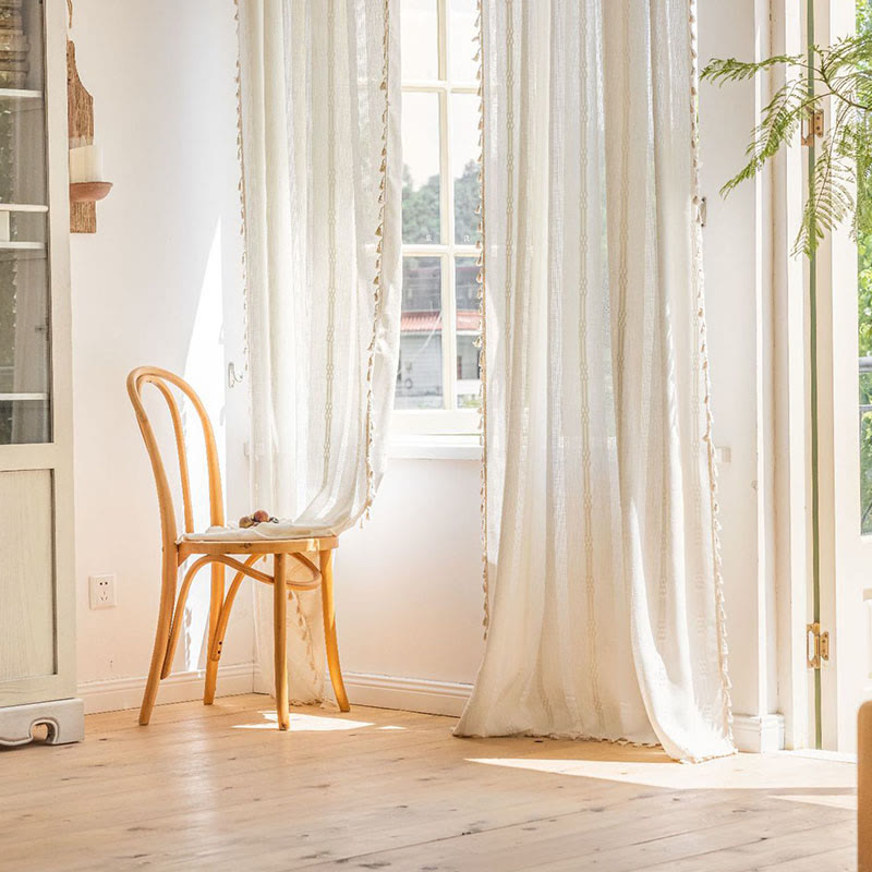 Stripe Semi-Blackout Curtain Hollow-Out Tassel Drapes - image 6