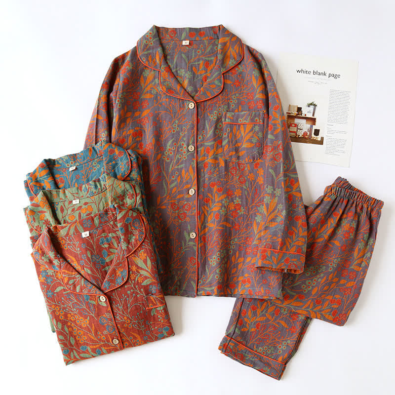 Vintage Leaf Cotton Lapel Loungewear Set - image 0