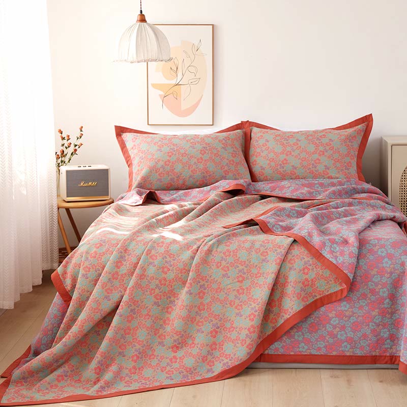 Floral Jacquard Cotton Gauze Reversible Quilt - Quilt with 2pcs Pillowcases - Red - King - image 6