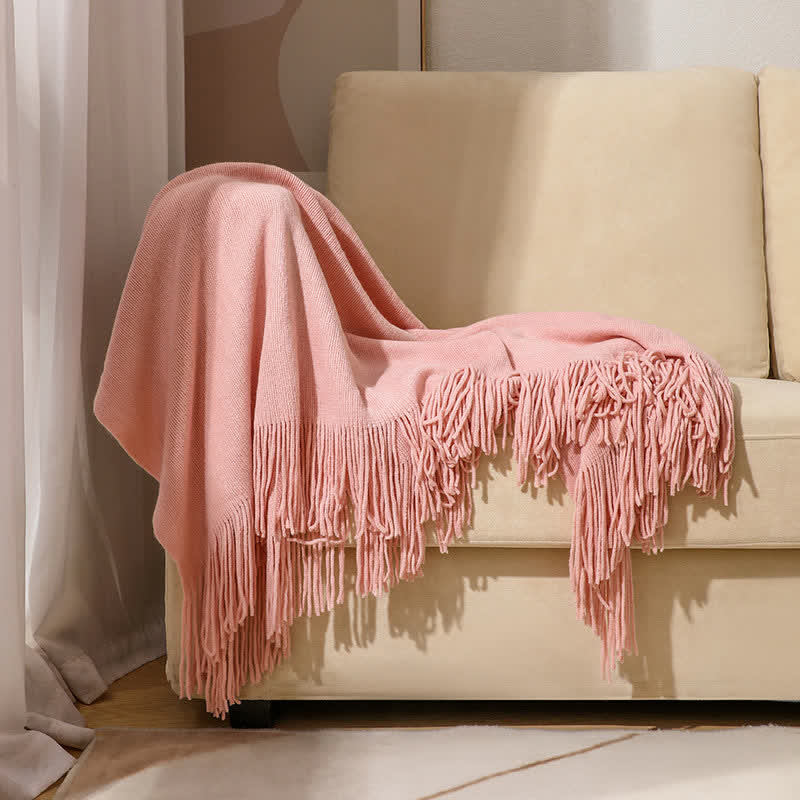 Simple Solid Color Tassel Throw Blanket - Pink - 51" x 94" - image 5