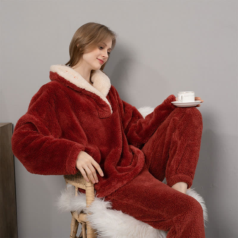 Ownkoti Simple V-Neck Warm Winter Loungewear Set - Red - 2XL - image 0