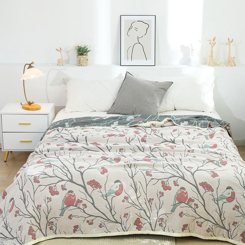 Hawthorn Tree Bird Cotton Reversible Quilt - Red - Queen - image 0